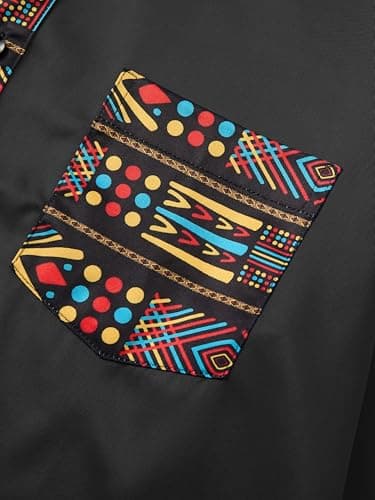 ZAFUL Men's African Patchwork Design Slim Fit 2025 Long Sleeve Button Down Mandarin Collar Shirts (Black Tribal Graphic L) - Thumbnail 4