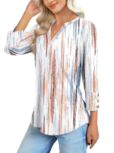 NORACORA Womens Tops 3/4 Sleeve Printed Dressy Casual Blouses for Women V Neck T Shirts Beach Vacation Boho Floral Spring Summer Outfits Brown-Blue Stripes XXL - Thumbnail 3
