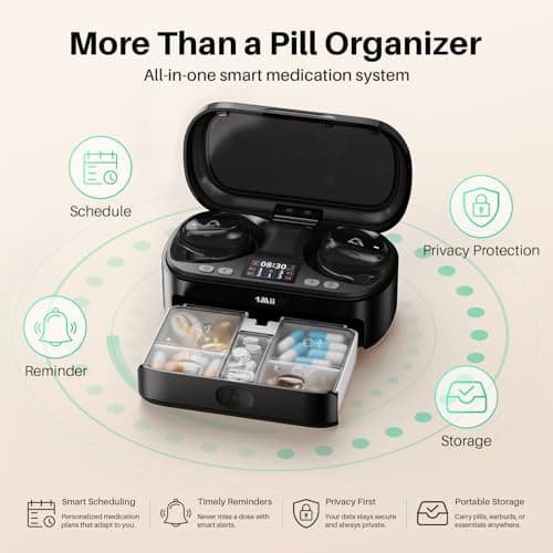 1Mii Smart Pill Dispenser with Alarm, Electronic Pill Organizer with 5 Daily Reminders, App & Vibration Alerts, Travel Pill Box for Vitamins & Medication + Open-Ear Bluetooth Headphones - Thumbnail 3