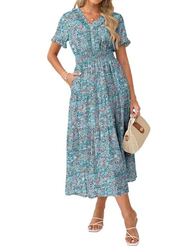 GRACE KARIN Casual Summer Dress for Women 2026 V-Neck Short Sleeve Ruffle Maxi Dress Blue Green Floral XXL