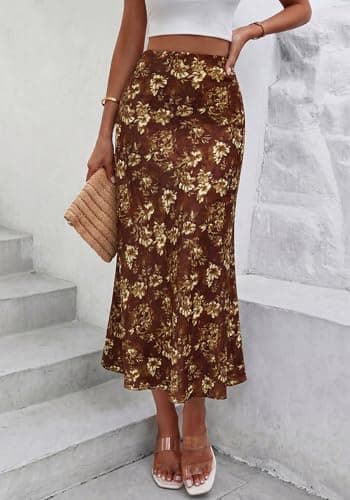BTFBM Satin Skirts for Women Trendy Spring Summer 2026 High Waisted Leopard Print Cocktail Wedding Long Silk Midi Skirt(Floral Brown Yellow, X-Large) - Thumbnail 5