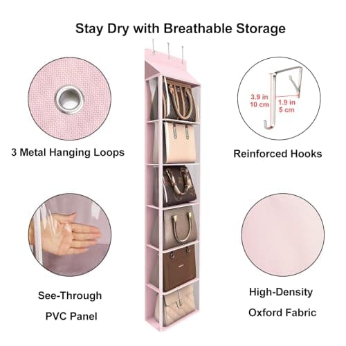 Lirex Over The Door Purse Organizer & Purse Shelf for Closet – Handbag Storage Organizer with Purse Hanger. Perfect for Scarves, Hats, and Leggings. S (11.8'' x 5'' x 51.6''), Pink - Thumbnail 3