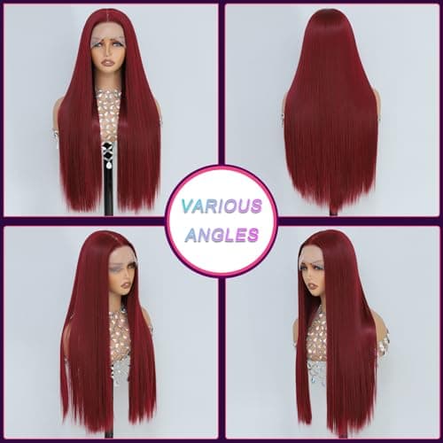 Barbique 13x6 Lace Front Wig 26 Inch Straight Synthetic Hair Burgundy Wig - Thumbnail 6