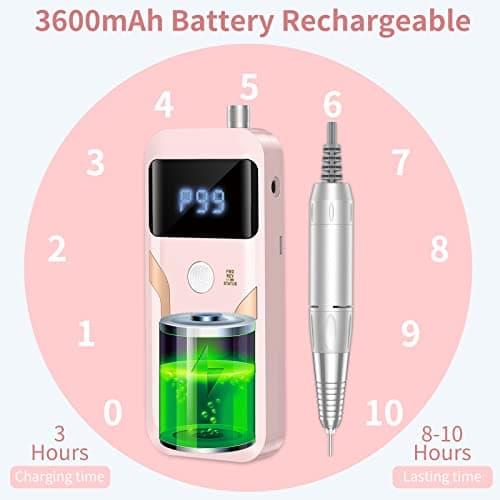 MOCOWIND Portable Nail Drill Professional 35000 RPM, Rechargeable Electric Nail File Machine Cordless E-File for Acrylic Gel Polishing Removing with Bits Kit for Manicure Salon Home, Pink - Thumbnail 5