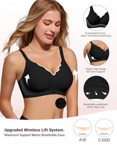 As Fairy Wireless Bras for Women No Underwire Full Coverage Jelly Lift Strong Support Push Up Scalloped Everyday Tshirt Bra Seamless Soft Daily Wear Breathable Air Hole Design(Black 42C) - Thumbnail 2