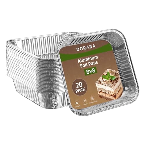 DORARA 8x8 Square Aluminum Baking Cake Pans - 20 Pack Foil Pans For Cooking, Heating, Baking Cakes, Storing, Roasting or Homemade Breads, Heavy Duty - Aluminum Baking Pans Disposable - Bottom: 6.5x6.5