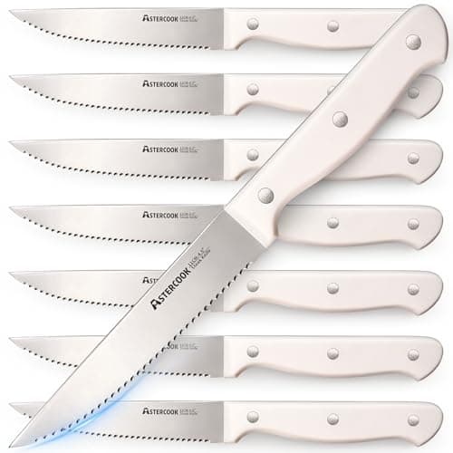 Astercook Steak Knives, Steak Knives Set of 8, High Carbon Stainless Steel Steak Knife Set with Full Tang Handle, Dishwasher Safe Serrated Knife, Elegant Cream White - Image 1