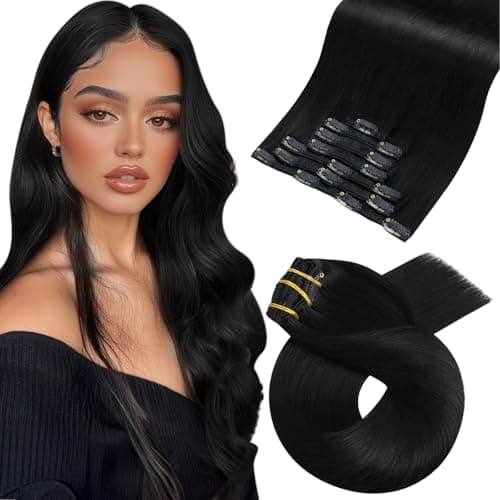 Moresoo Jet Black Clip in Hair Extensions Human Hair 20 inch Remy Straight Double Weft Clip in Human Hair Extensions for Women Jet Black #1 Full Head 7Pcs 120G - Image 1