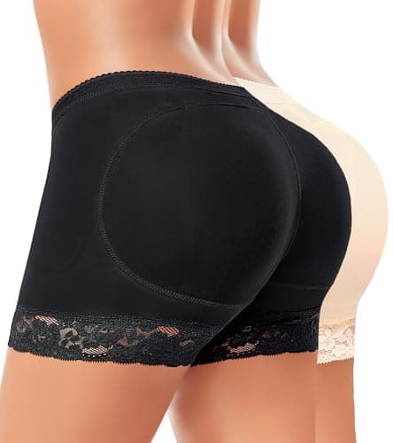 Padded Underwear for Women Butt Lifter Panties Booty Pads Butt Enhancer Lace Boyshorts Shapewear Black+Beige Large - Image 1