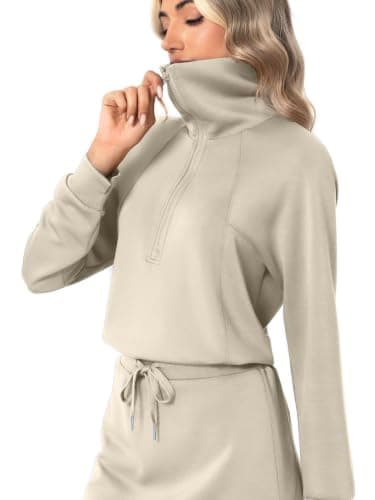 Casly Lamiit 2 Piece Skort Sets for Women Tennis Athletic Skirt Sweatsuits Casual Long Sleeve Sweatshirts Fall Matching Sports Outfits Dark Beige S - Thumbnail 2