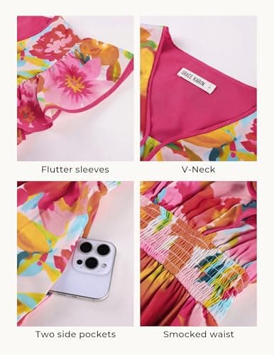 GRACE KARIN 2026 Summer Wedding Guest Dresses for Women Ruffle Sleeve Boho Midi Dress Smocked Flowy Floral Dress with Pocket Pink Orange XL - Thumbnail 3