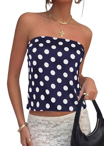 PRETTYGARDEN Strapless Tube Tops for Women 2026 Summer Sleeveless Backless Polka Dot Going Out Top Bandeau Cute Y2k Shirt (Dot Dark Blue White,X-Large) - Image 1