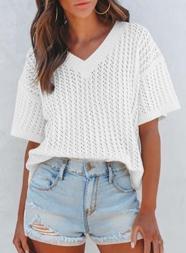 Dokotoo Womens Tops Dressy Casual Fashion 2025 Summer Comfy Short Sleeve Sexy V Neck Tunic Tops Blouses Solid Color Pullover Sweaters for Women Lightweight Baggy Hollow Out Tops White Small - Thumbnail 3