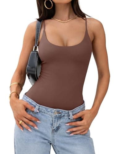 PINKMSTYLE Double Lined Scoop Neck Tank Top Bodysuit for Women Backless Cami Bodysuit Top Party Outfits Coffee X-Large - Image 1