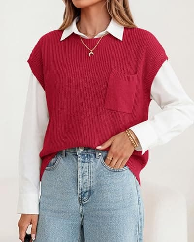 KIRUNDO Summer Fall Short Sleeve Sweater for Women 2026 Casual Sweater Vest Cotton Knit Pullover Tank Tops Fashion Clothing(Red, Medium) - Thumbnail 6