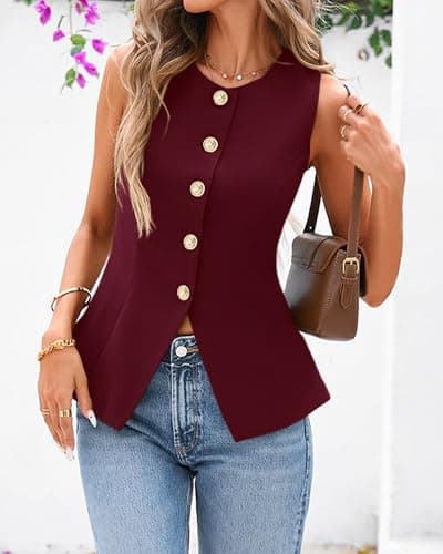 BTFBM Summer Sleeveless Blazer Vest For Women Dressy Button Down Round Neck Business Casual Outfits Work Suit Vests Tops(Burgundy, Large) - Thumbnail 2