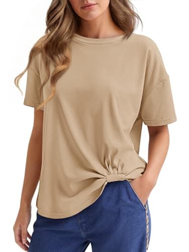 Cicy Bell Womens Summer Casual T-Shirt Twist Front Tops Crew Neck Drop Shoulder Loose Short Sleeve Tees Khaki - Image 1