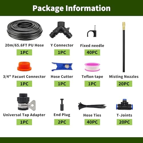 Faurvix 60FT Drip Irrigation System, Automatic Garden Watering Kit with 360° Bendable Hose & 20 Adjustable Nozzles, Water Pressure Powered Sprinkler System for Greenhouse, Lawn, Garden,Yard & Plants - Thumbnail 2
