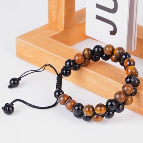 PAKUNDAS Handmade Double Protection Beaded Bracelet for Men Women 8mm Natural Tiger Eye Hematite Stone Adjustable Stretch Crystal Healing Jewelry - Thumbnail 5