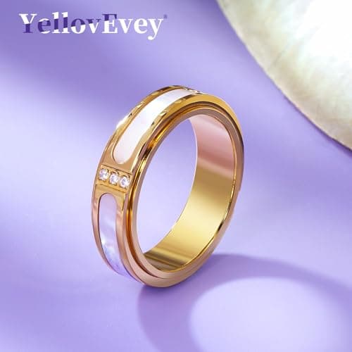 YellovEvey Fidget Spinner Ring for Women - 18K Gold Plated Stainless Steel with Mother of Pearl Shell & Cubic Zirconia, Anxiety Relief Spinning Jewelry Gift for Birthday Wedding Engagement Anniversary - Thumbnail 5