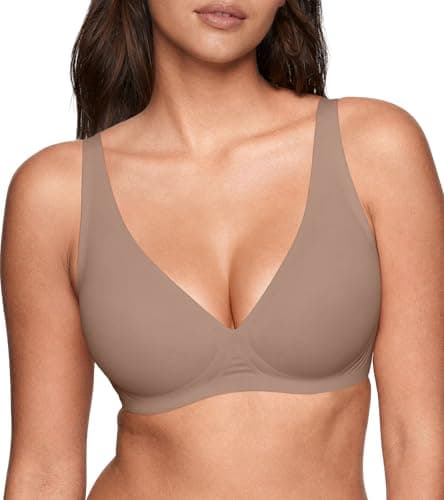 Women's Wireless Jelly Plunge Bra – Deep V Seamless No Underwire, Comfortable T-Shirt Bralettes Push Up Lightly Padded Coffee Large - Image 1