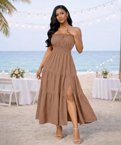 ABKY Off The Shoulder Dress Summer Strapless Tube Top Dresses Long Flowy A Line Side Slit Vacation Beach Holiday Party Outfit Khaki S - Thumbnail 2