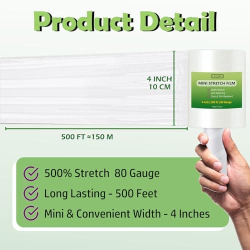 Clear Stretch Wrap Film,4" x 500Ft Pallet Wrap Roll with Handle for Moving Supplies,80 Gauge Industrial Strength Durable Self-Adhering Packing, Moving, Heavy Duty Stretch Film,4 Pack - Thumbnail 2