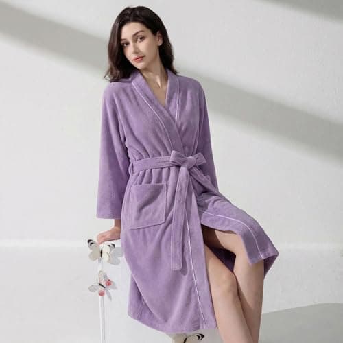 Inner Wish Women's Soft Terry Cloth Bathrobe - Ultra Absorbent Quick Dry Kimono Robe for Shower,Spa,Home，Light Purple，L/XL - Thumbnail 6