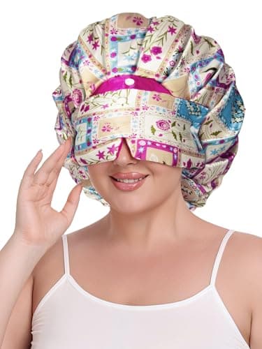 Vettres Pleated Silk Sleeping Bonnet with Eye Mask Double Layer Satin Hair Bonnets Sleep Cap for Curly Natural Hair Blue Purple Floral - Thumbnail 2