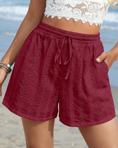 KIRUNDO Lace Shorts for Women Summer Cute Boho Eyelet Elastic Waist Drawstring Casual Lounge Shorts Beach Vacation Outfits(Burgundy, Large) - Thumbnail 6