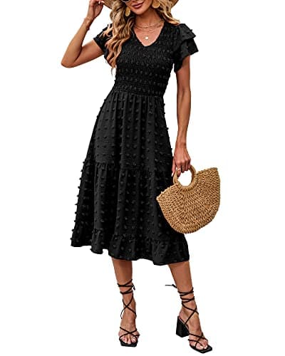 BTFBM Women Casual Summer Short Ruffles Tiered Sleeve Smocked Midi Dresses Bohemian Floral V Neck Wedding Guest Long Dresses（Solid Black,Small - Image 1