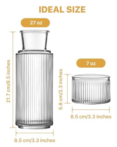 DmmyAlzx Bedside Water Carafe and Glass Set, Classic Vertical-Striped 27oz Glass Carafe with 7.1oz Tumbler Lid, Nightstand Water Pitcher, Bathroom Mouthwash Dispenser, Elegant Gift for Home & Office - Thumbnail 5