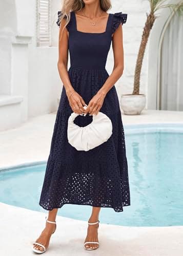 Lazysmile Womens Summer Maxi Dress Square Neck Ruffle Cap Sleeve Hollow Out Eyelet Smocked Tiered A Line Boho Sundress Navy - Thumbnail 5