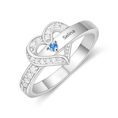 Zoesky Personalized Heart Ring with 2-5 Birthstones Custom Name Engagement Wedding Promise Birthstone Ring Mothers Day Christmas Birthday Gifts for Mom Grandma Wife (1Stone, 8)