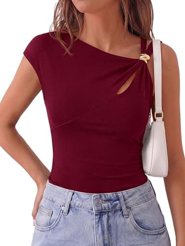 PRETTYGARDEN Womens Summer Tops 2026 One Shoulder Buckle Cut Out Asymmetrical Y2K T-Shirts Knit Spring Going Out Shirts(Burgundy,Small) - Image 1