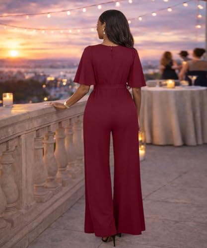 ABKY Jumpsuits For Women Dressy Batwing Sleeve Belted Wide Leg Romper Formal Wedding Evening Party Jumpsuit One Piece Outfits Burgundy M - Thumbnail 3