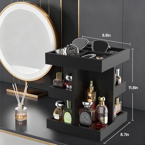 VLXXOI Cologne Organizer for Men Rotating Bathroom Counter Organizer, 3-Tier Solid Wood Storage Caddy, 360-Degree Rotating Stand, Burlywood (Black) - Thumbnail 3