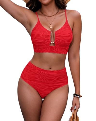 HORISUN Women High Waisted Tummy Control U-Wire Cut Out Textured Bikini 2 Piece Crisscross Back Lined Beach Swimsuit Vibrant Red - Image 1