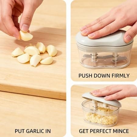 Manual Garlic Chopper, One-Hand Operation, 4-Blade Food-Grade Stainless Steel, Multi-Function for Baby Food & Picnic, Compact Size 3.35x5.12x3.35 Inches (8.5x13x8.5cm), Ideal for Home Cooks - Thumbnail 4