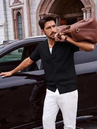 PJ PAUL JONES Black Polo Shirts for Men Casual Button Down Golf Polo Shirts Knit Textured Summer Polo T Shirts Black L - Thumbnail 3