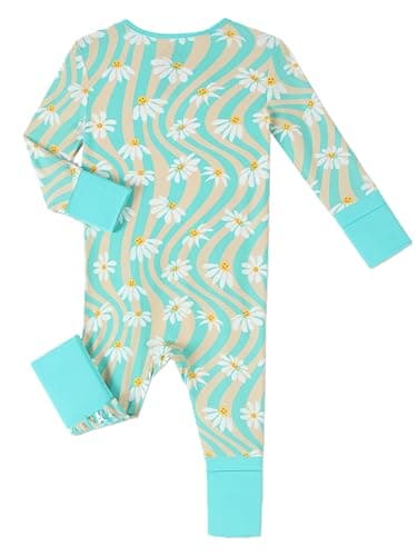 Joonberry Infant Baby Girl Clothing Bamboo Rayon Footies, Newborn outfit Footed Long Sleeve Jumpsuit with Zipper and Mitten Cuffs (Chrysanthemum Wavy, 1-3M) - Thumbnail 2