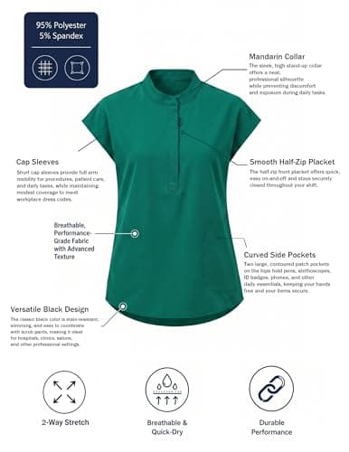 VECARDI Women's Scrub Top Zip Front Stretch Short Sleeve Nurse Uniform Shirt with Pockets Badge Loop Hunter Green - Thumbnail 4