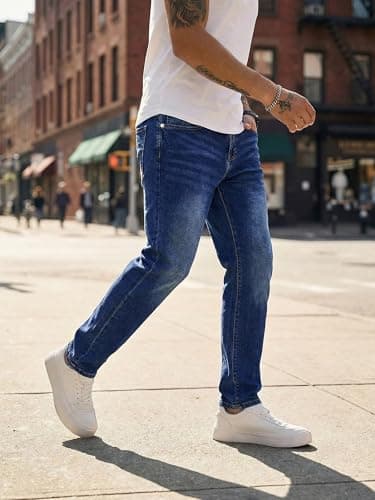 JMIERR Men's Slim Fit Stretch Tapered Leg Skinny Jeans, Casual Cotton Comfort Flexible Denim Pants for Men with 5 Pockets, 34W*32L, Navy Blue - Thumbnail 2