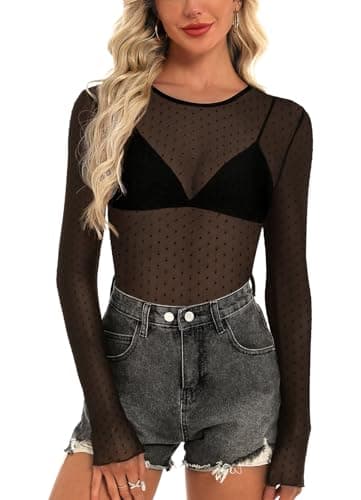 GKBK Womens Mesh Long Sleeve Tops Crew Neck Sexy See Through Tee Dressy Casual Shirts Party Club Night Lace Blouse Western Wear Outfit Clothes Going Out Clothing Black Polka Dot M - Image 1