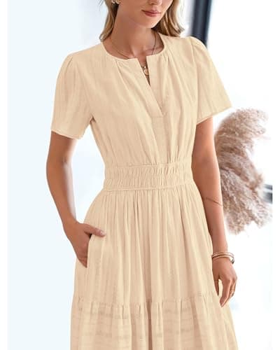 BTFBM Womens Summer 2026 Casual Midi Maxi Dresses Lightweight Short Sleeve V Neck Elastic Waist Boho Beach Dress Pockets(Apricot, Small) - Thumbnail 6
