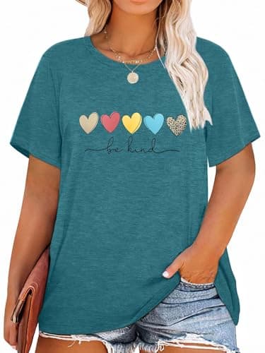 Anbech Plus Size Tops Women Be Kind Graphic Tees Short Sleeve Teacher Tshirt (Cyan, 2X)