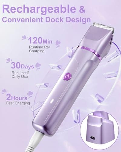 Bikini Trimmer for Women - Painless Electric Razors for Silk Skin,Cordless Electric Shaver for Trip,Replaceable Trimmer for Women,IPX7 Waterproof & Easy Cleaning,Ceramic Blade,USB Charge Dock Purple - Thumbnail 4