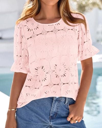 KIRUNDO Lace Tops for Women Blouses Dressy Casual Boho Eyelet Puff Short Sleeve Shirts Spring Summer Clothes Vacation Outfits(Pink, Medium) - Thumbnail 2