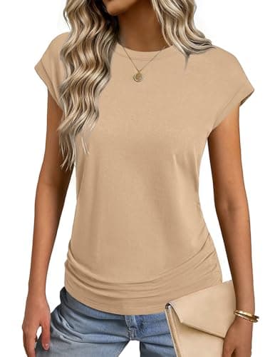 GKBK Womens Summer Tops Trendy 2026 Ruched Cap Short Sleeve Shirts Crew Neck T Shirts Fashion Khaki XL - Image 1