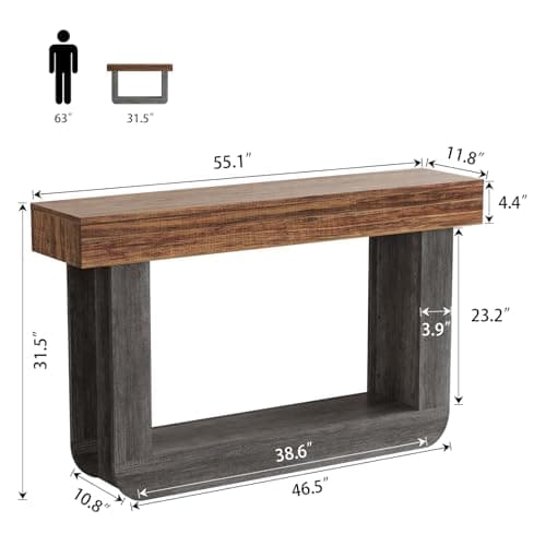 Tarnorci 55'' Behind Couch Table, Farmhouse Wood Console Tables for Entryway U-Shape Narrow Sofa Table for Living Room Bedroom Foyer - Thumbnail 2